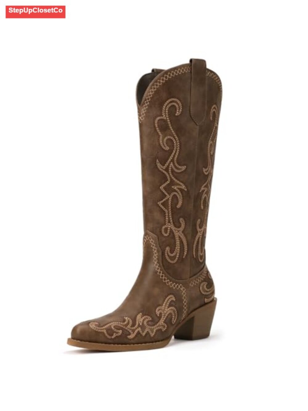 Knee High Cowboy Boots for Women - Pointed Toe Low Block Heel Faux Leather